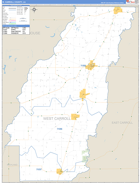 West Carroll Parish (County), LA Wall Map Basic Style